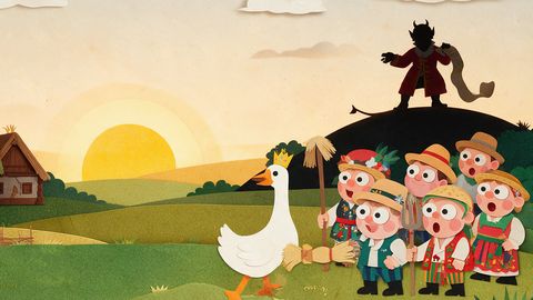 Paper-cut illustration: a horned devil in a red coat holds a long contract scroll on top of a dark hill. Below him a white goose in a gold crown faces a crowd of peasants with googly eyes and pitchforks.