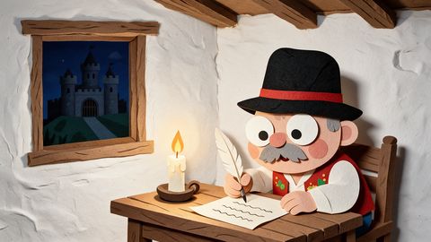 Paper-cut illustration: the village head in a black hat writes a letter by candlelight. A castle stands in the dark outside the window.
