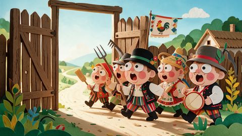 Paper-cut illustration: peasants with a pitchfork, a broom and a drum march out through a wooden gate under a rooster banner.