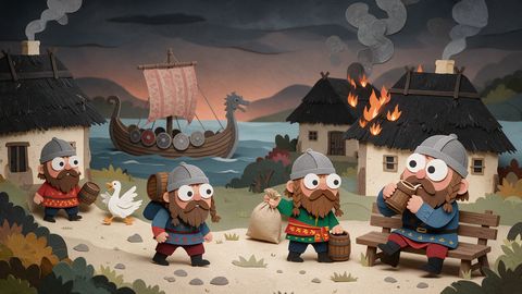Paper-cut illustration: bearded Vikings carry barrels and sacks through a village at dusk. A longship waits on the water and a thatched roof is on fire.