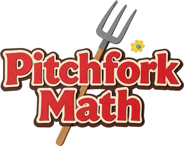 Pitchfork Math logo: red paper-cut letters with a cream outline, a pitchfork behind them and a small yellow flower.