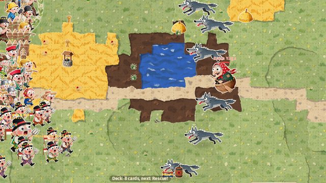Battle close-up: Baba Yaga in a red headscarf flies in her wooden mortar among gray wolves, next to a pond and a wheat field with a well. A crowd of peasants waits on the left.