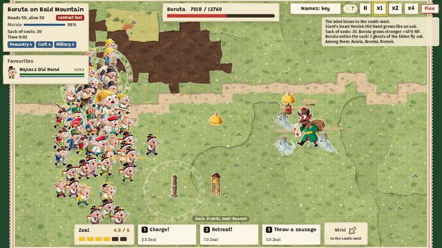 Battle on Bald Mountain: Boruta, a red devil in a green coat with a sack and a contract, stands among pale ghosts named after fallen peasants. A crowd of peasants faces him from the left.