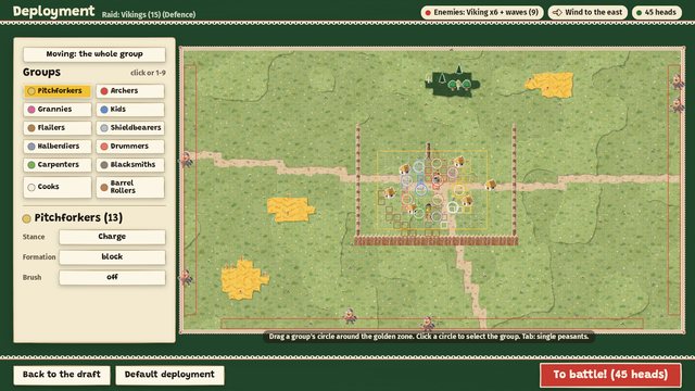 The deployment screen: a meadow map with huts inside a palisade in the middle, a golden zone for the peasants' groups and red zones on three sides where the Vikings will come from.