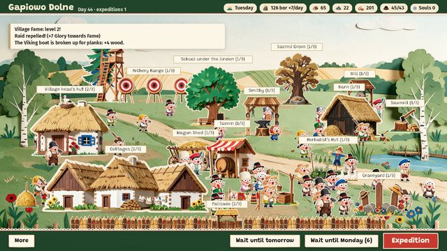 The village screen: thatched cottages, a smithy, a tavern, a barn, a mill and a watchtower, each with a paper label, and dozens of villagers walking between them. A note at the top says a raid was repelled.