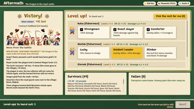 The aftermath screen after a win: a Victory panel with the news from the battle, a list of survivors, and level-ups where each peasant gets three skills to choose from, such as Strongman, Beast slayer and Comforter.