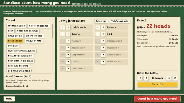 The sandbox screen: a list of threats with the Great Gander picked, an army of 20 peasants split by type, and the result: N50 = 22 heads, that many peasants win half the battles.