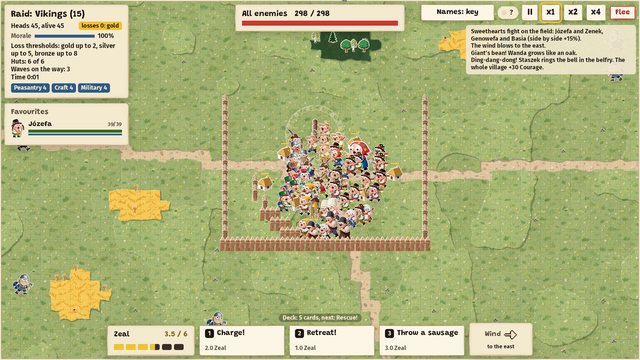 Battle screen at the start of a raid: forty-five villagers stand packed between the huts inside a palisade, and Vikings appear at the edges of the map.