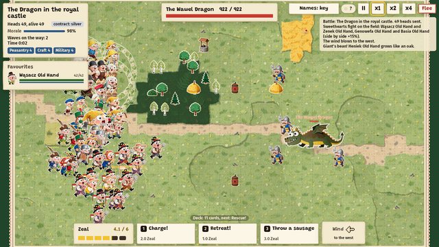 Battle screen: the Wawel Dragon, green with a gold crown, stands in a meadow with knights of the royal guard around him. A crowd of forty-nine peasants comes at him from the left, past a small forest. Order cards and the Zeal bar sit at the bottom.