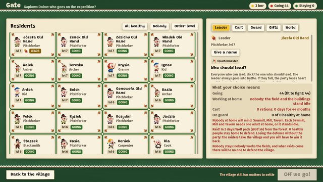 The gate screen: cards of residents marked as going on the expedition, tabs for the leader, the cart, the guard and gifts, and a summary in red of what happens when nobody stays home: idle fields, no guard and a wolf raid in two days.