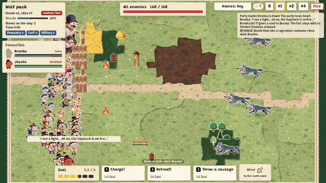 Battle screen: on the left a crowd of paper-cut peasants behind a palisade, on the right gray wolves running at them across a meadow. A banner over the crowd shows a fallen leader's last words, and the battle news reports the last fart.