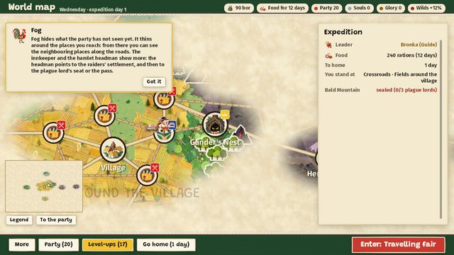 The world map: a party token with a cart stands at a crossroads among yellow fields near the village. A lair called Gander's Nest lies to the east, and the rest of the map is under pale fog.