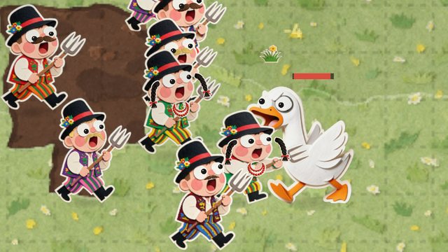 Battle close-up: paper-cut peasants in black hats charge with pitchforks at a big white goose. Everyone has huge googly eyes.